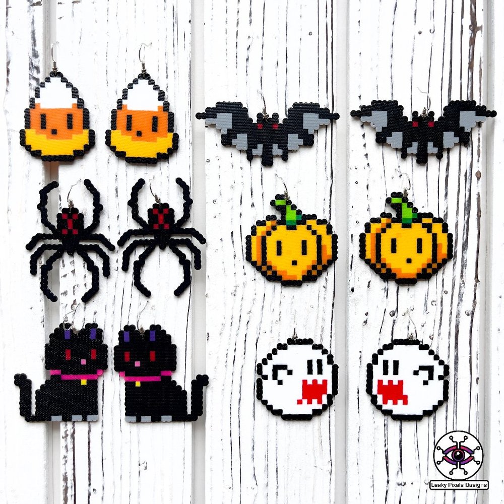 Halloween Perler Earrings | Mario Boo Ghost | Pumpkin | Black Cat | Black Widow